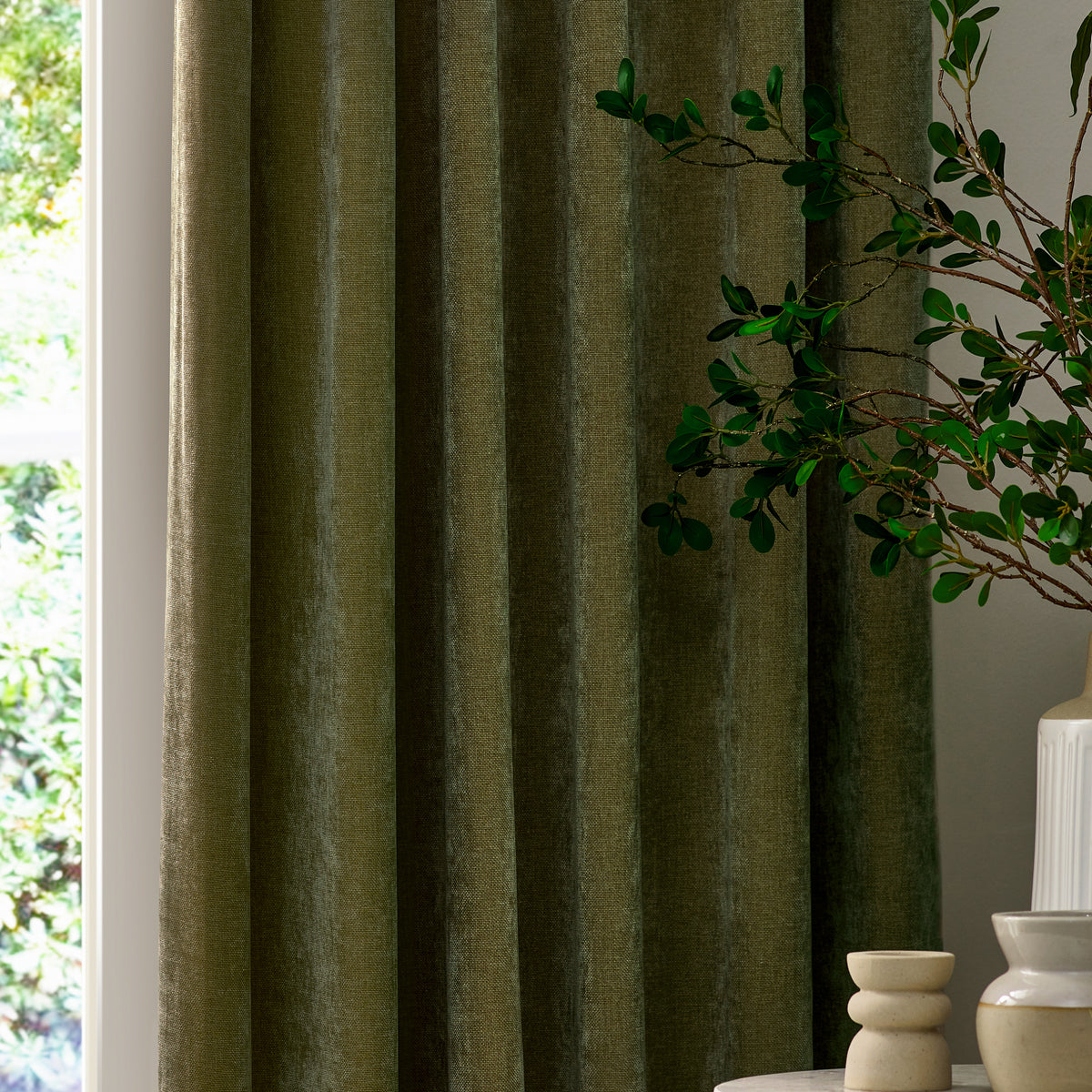 Yard Heavy Chenille Velvet Ready Made Pencil Pleat Curtains Olive