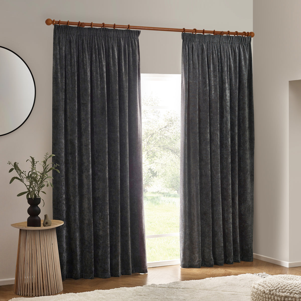 Yard Heavy Chenille Velvet Ready Made Pencil Pleat Curtains Charcoal