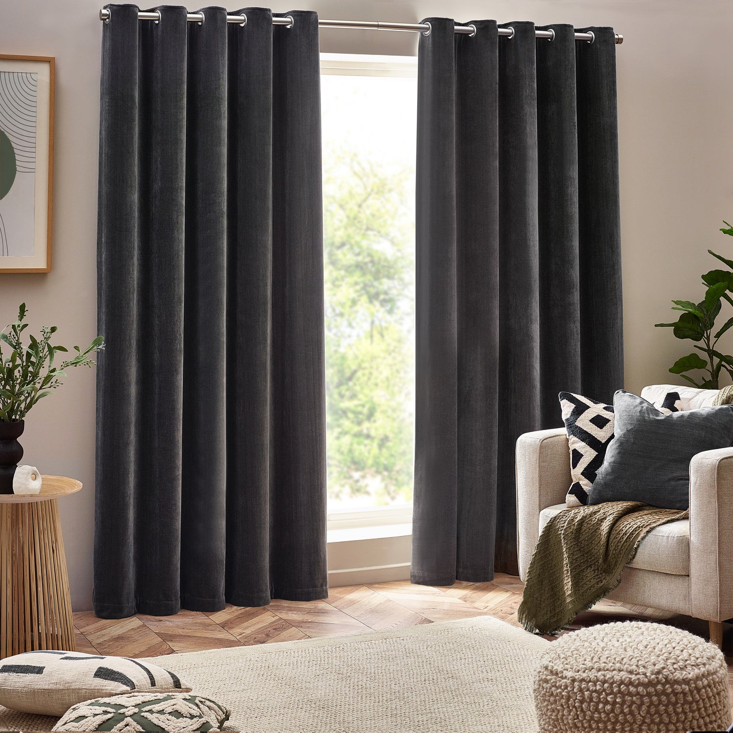 Yard Heavy Chenille Velvet Ready Made Eyelet Curtains Charcoal