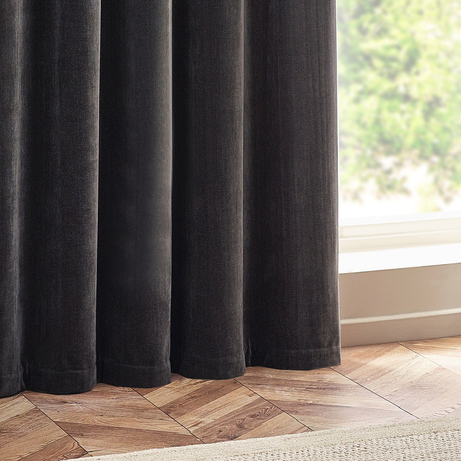 Yard Heavy Chenille Velvet Ready Made Eyelet Curtains Charcoal