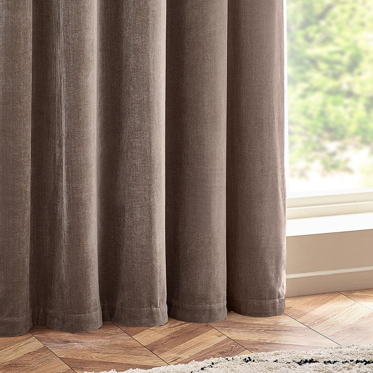 Yard Heavy Chenille Velvet Ready Made Eyelet Curtains Greige
