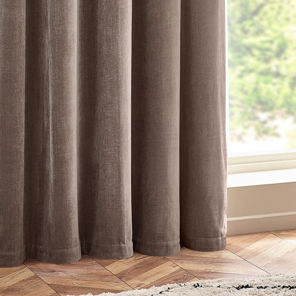 Yard Heavy Chenille Velvet Ready Made Eyelet Curtains Greige