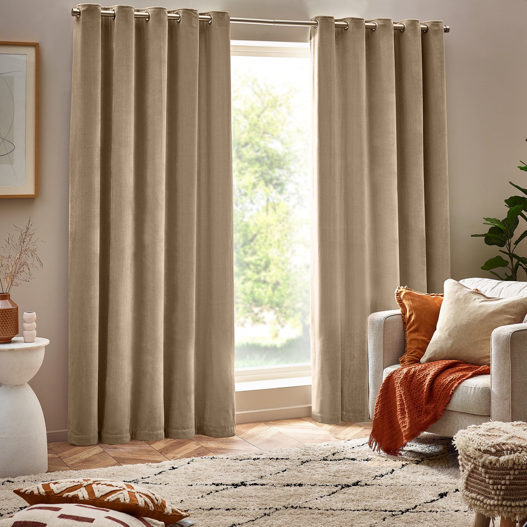 Yard Natural Heavy Chenille Velvet Ready Made Eyelet Curtains Terrys