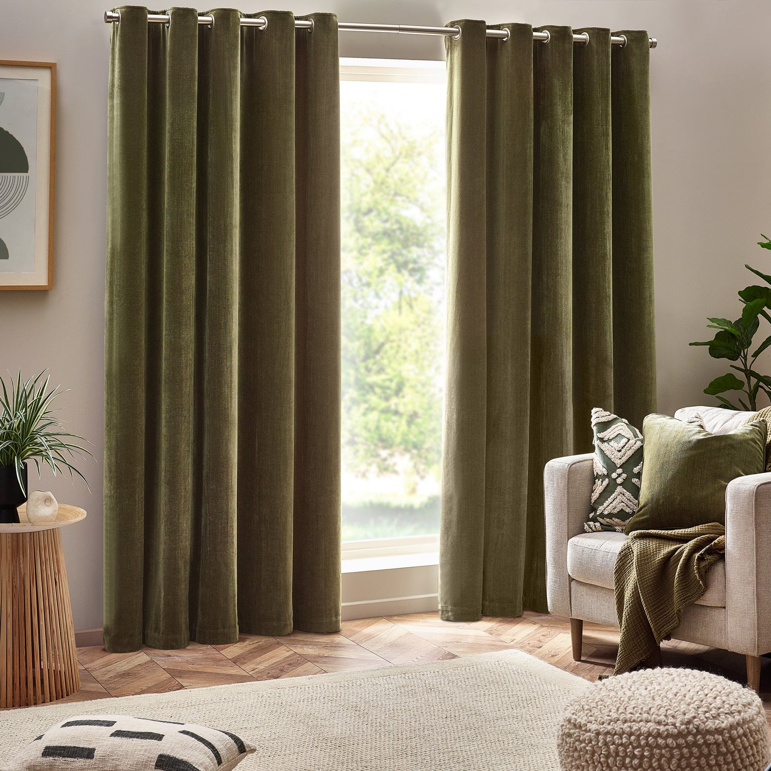 Yard Heavy Chenille Velvet Ready Made Eyelet Curtains Olive