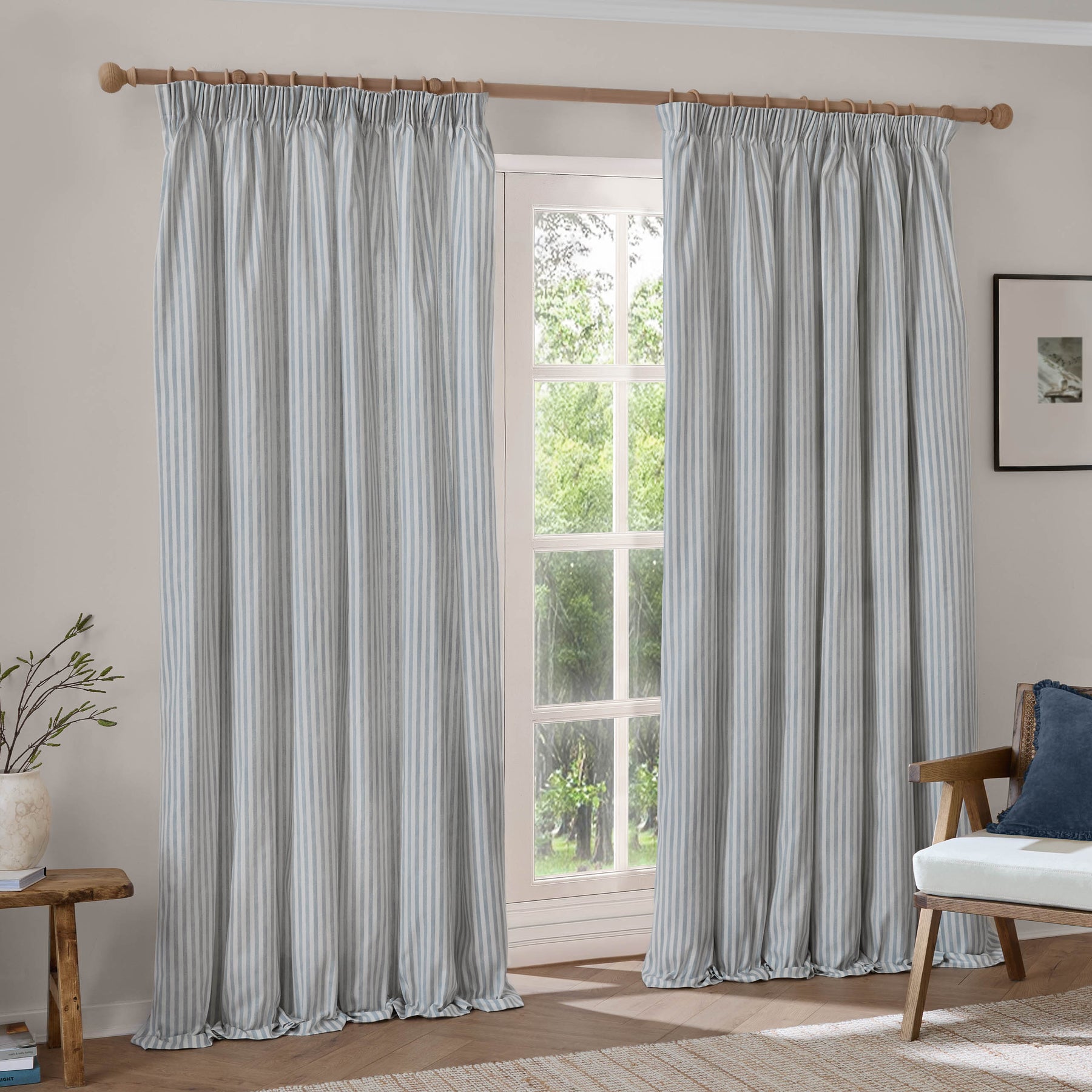 Yard Hebden Cotton Ready Made Blackout Pencil Pleat Curtains Mineral Blue