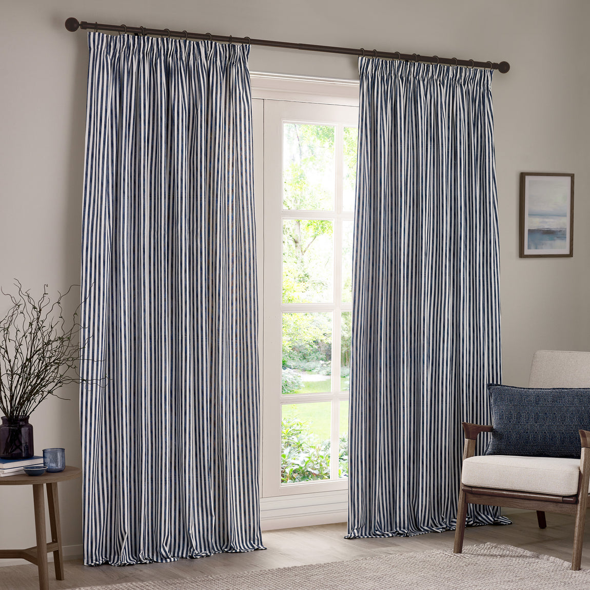 Yard Hebden Cotton Ready Made Blackout Pencil Pleat Curtains Navy