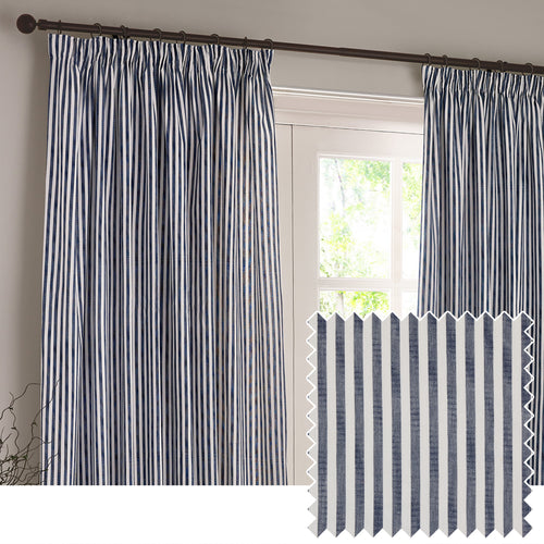 Yard Hebden Cotton Ready Made Blackout Pencil Pleat Curtains Navy