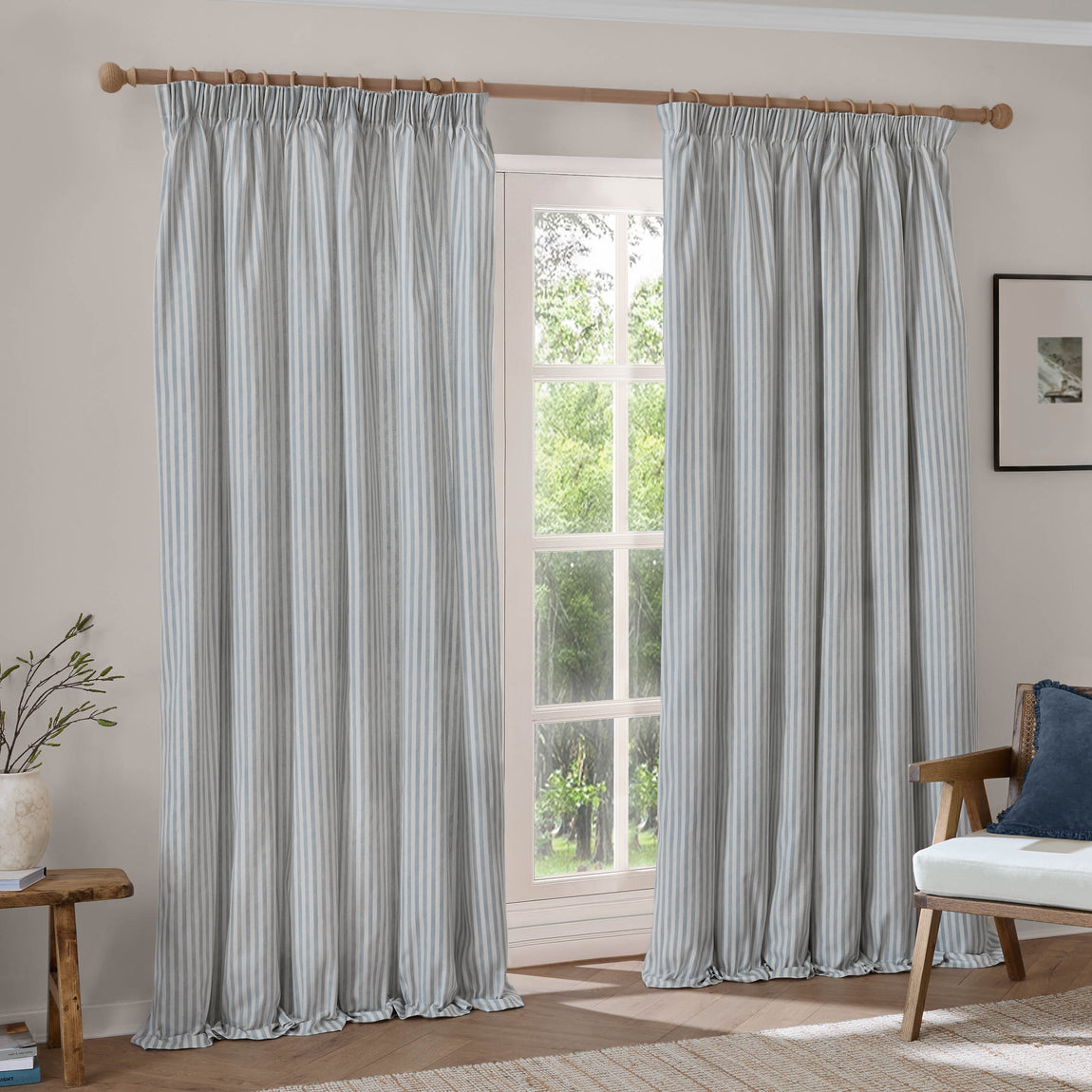 Yard Hebden Cotton Ready Made Pencil Pleat Curtains Mineral Blue