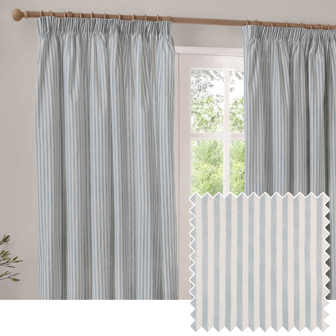 Yard Hebden Cotton Ready Made Pencil Pleat Curtains Mineral Blue