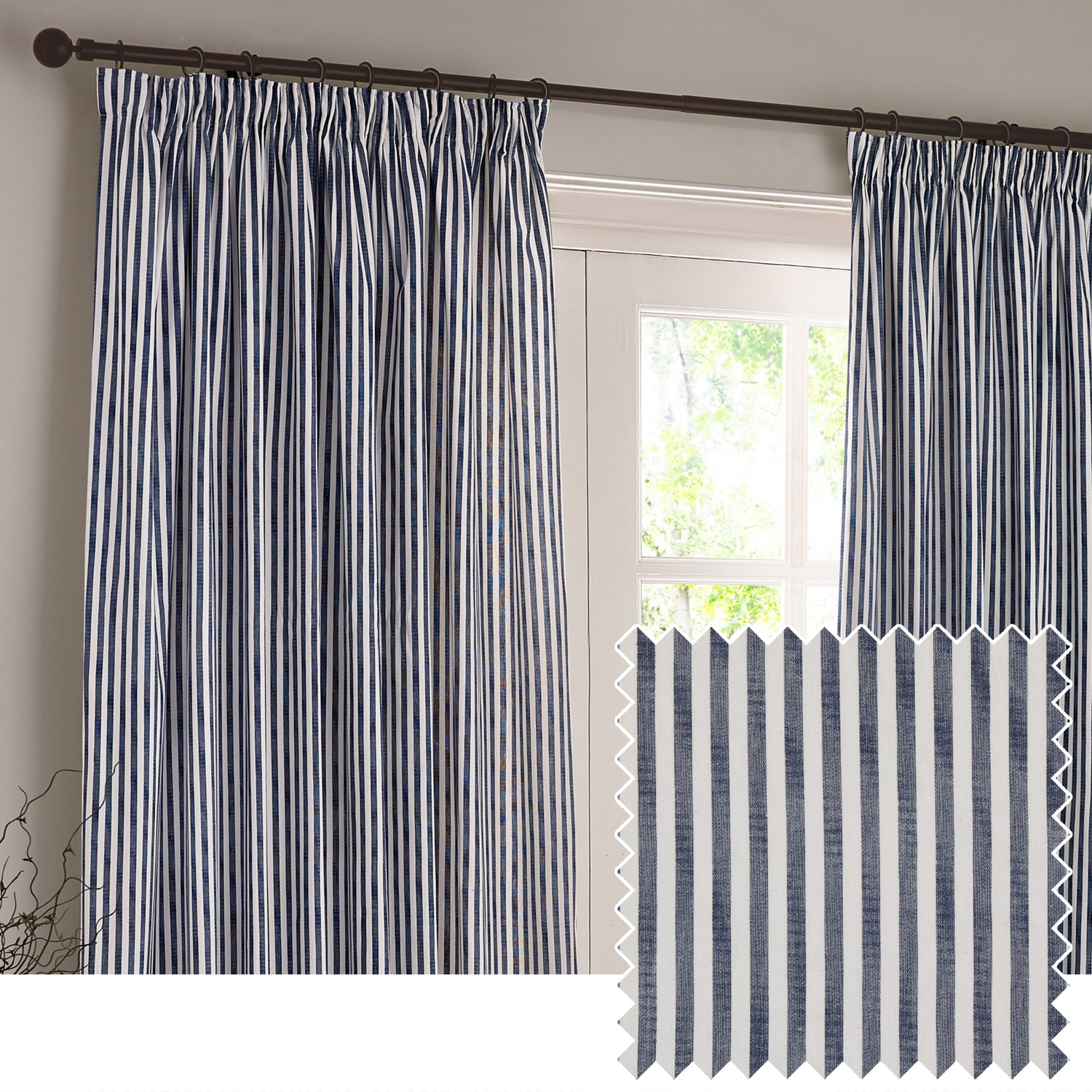 Yard Hebden Striped Cotton Ready Made Pencil Pleat Curtains Navy