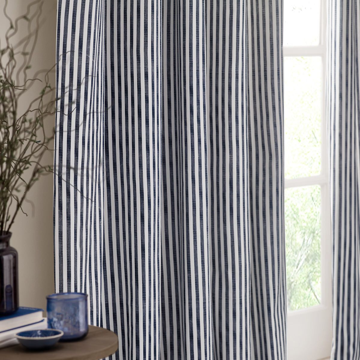 Yard Hebden Striped Cotton Ready Made Pencil Pleat Curtains Navy