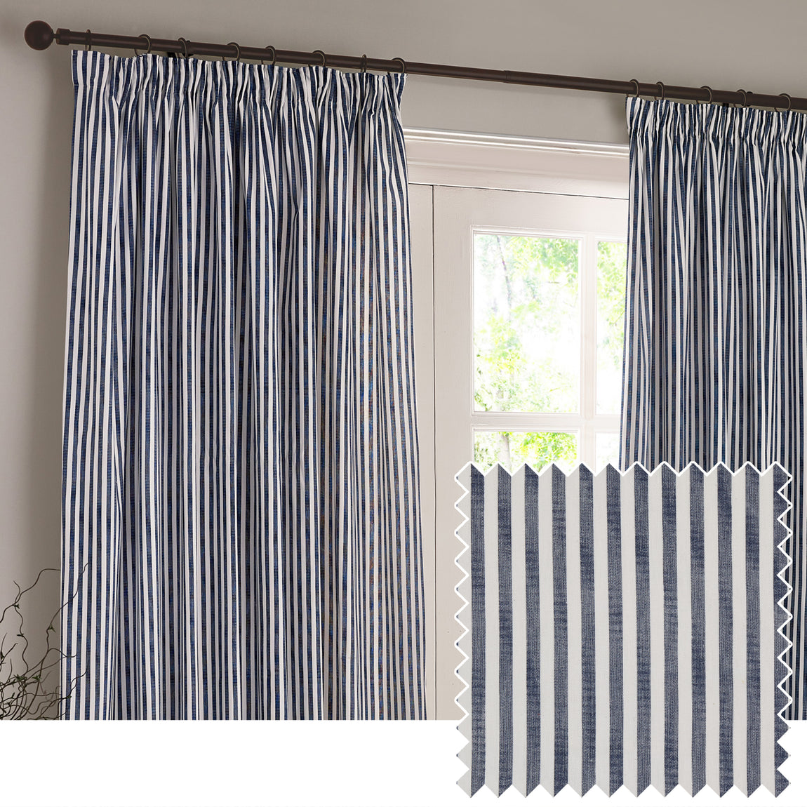 Yard Hebden Striped Cotton Ready Made Pencil Pleat Curtains Navy