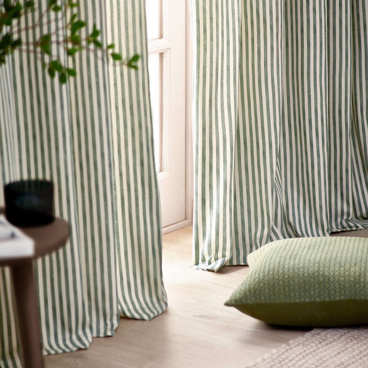 Yard Hebden Striped Cotton Ready Made Pencil Pleat Curtains Forest Green