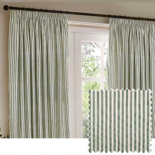 Yard Hebden Striped Cotton Ready Made Pencil Pleat Curtains Forest Green