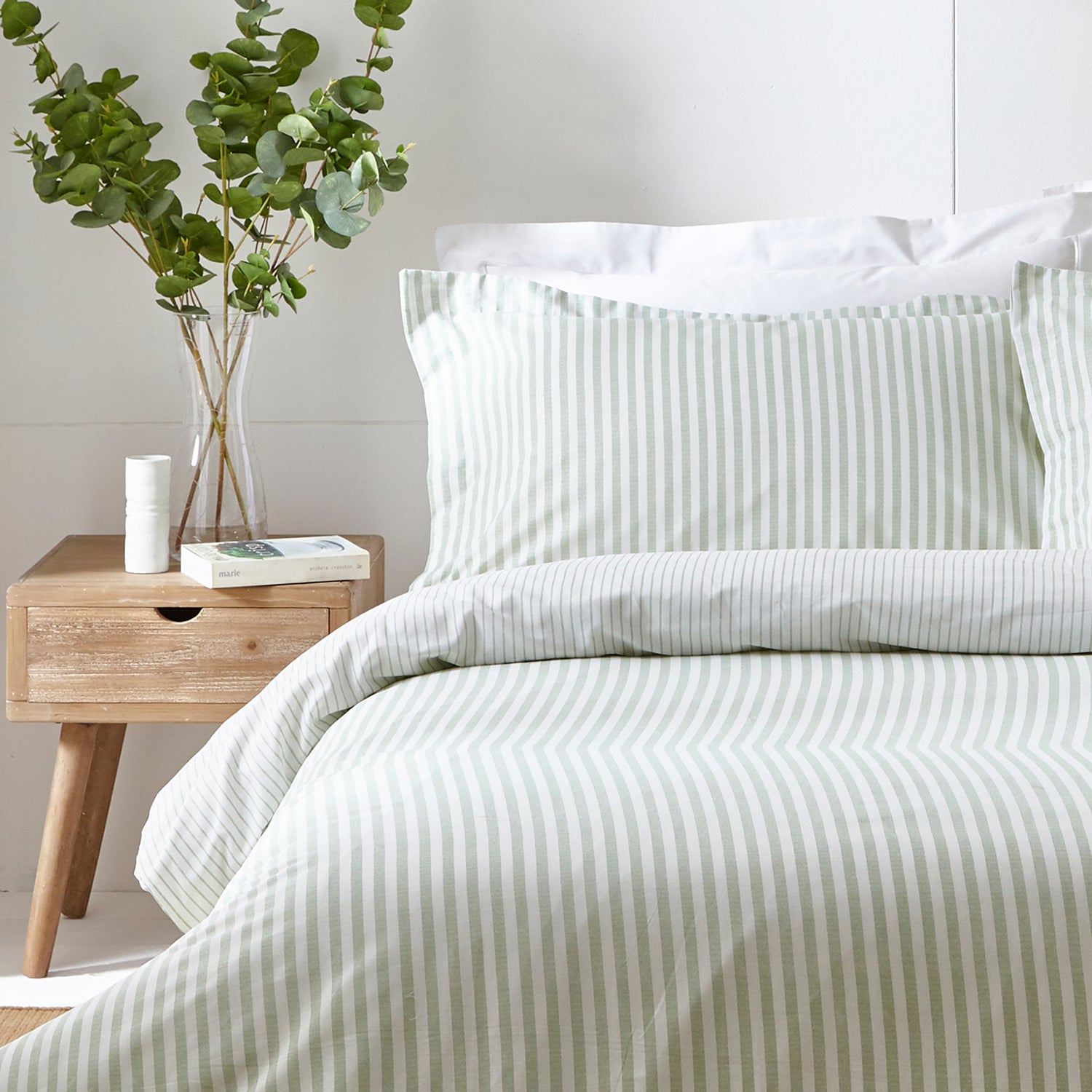 Yard Hebden Melange Stripe Cotton Duvet Cover Bedding Set Eucalyptus