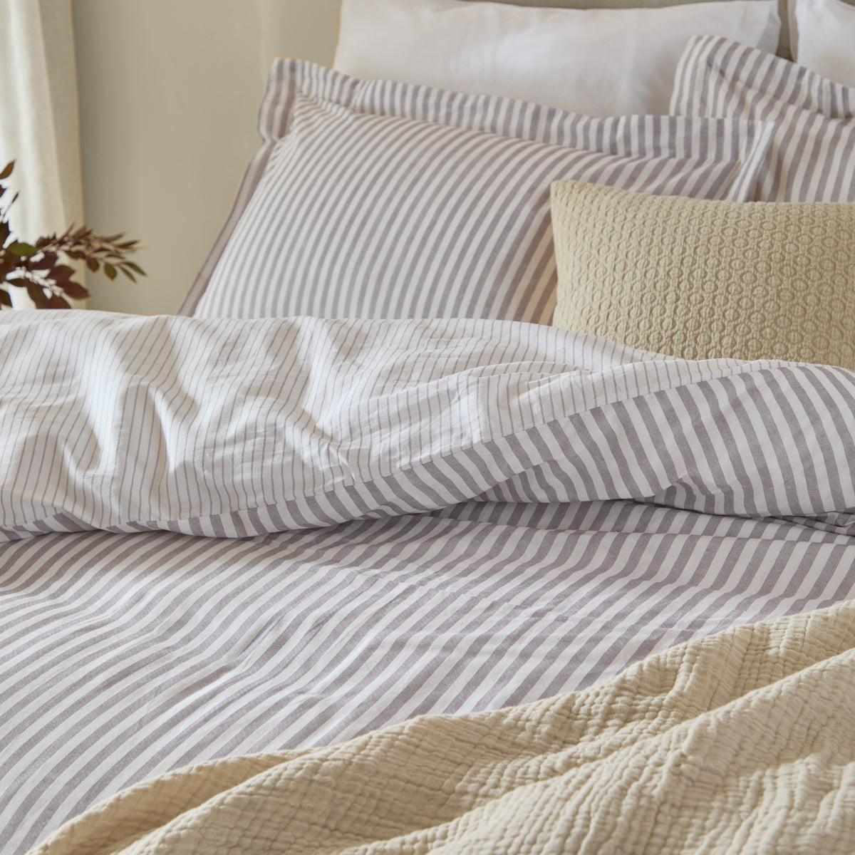 Hebden Melange Stripe Cotton Duvet Cover Bedding Set Mauve