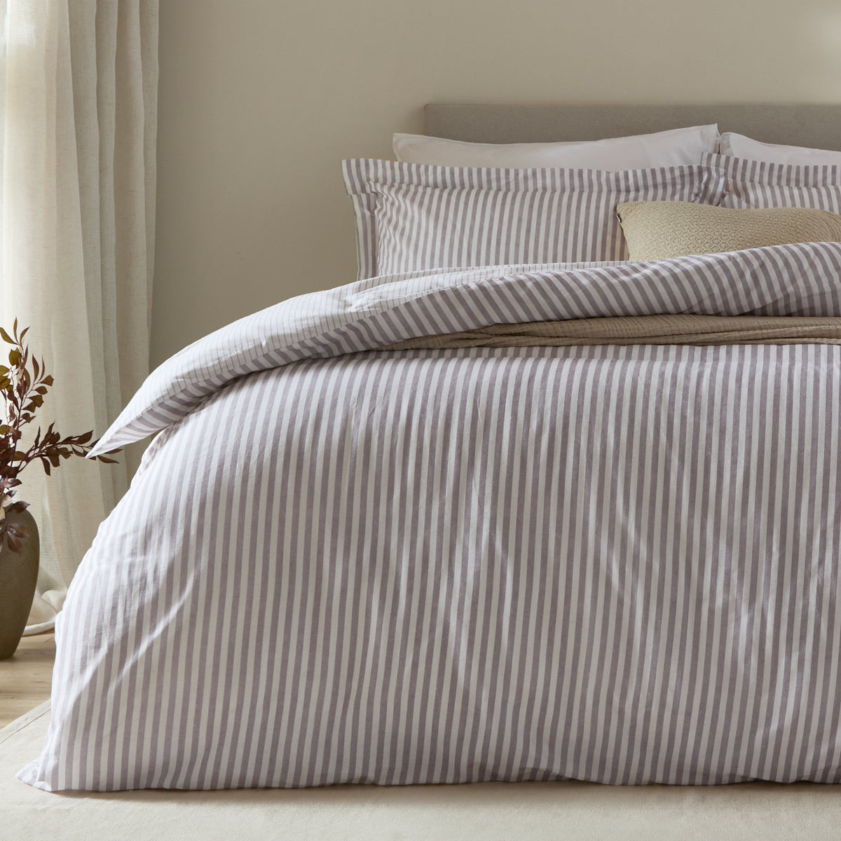 Hebden Melange Stripe Cotton Duvet Cover Bedding Set Mauve