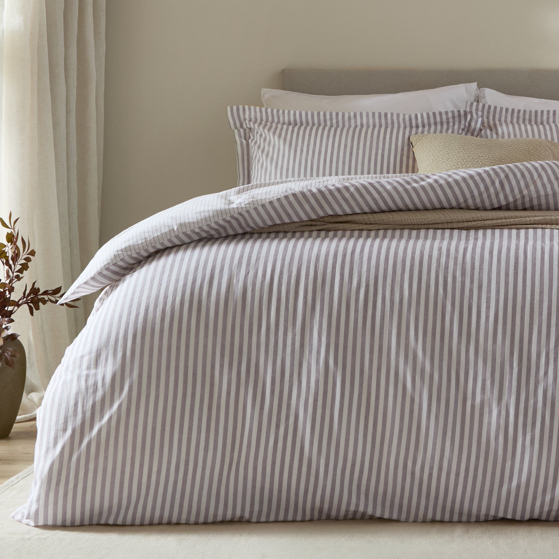 Hebden Melange Stripe Cotton Duvet Cover Bedding Set Mauve