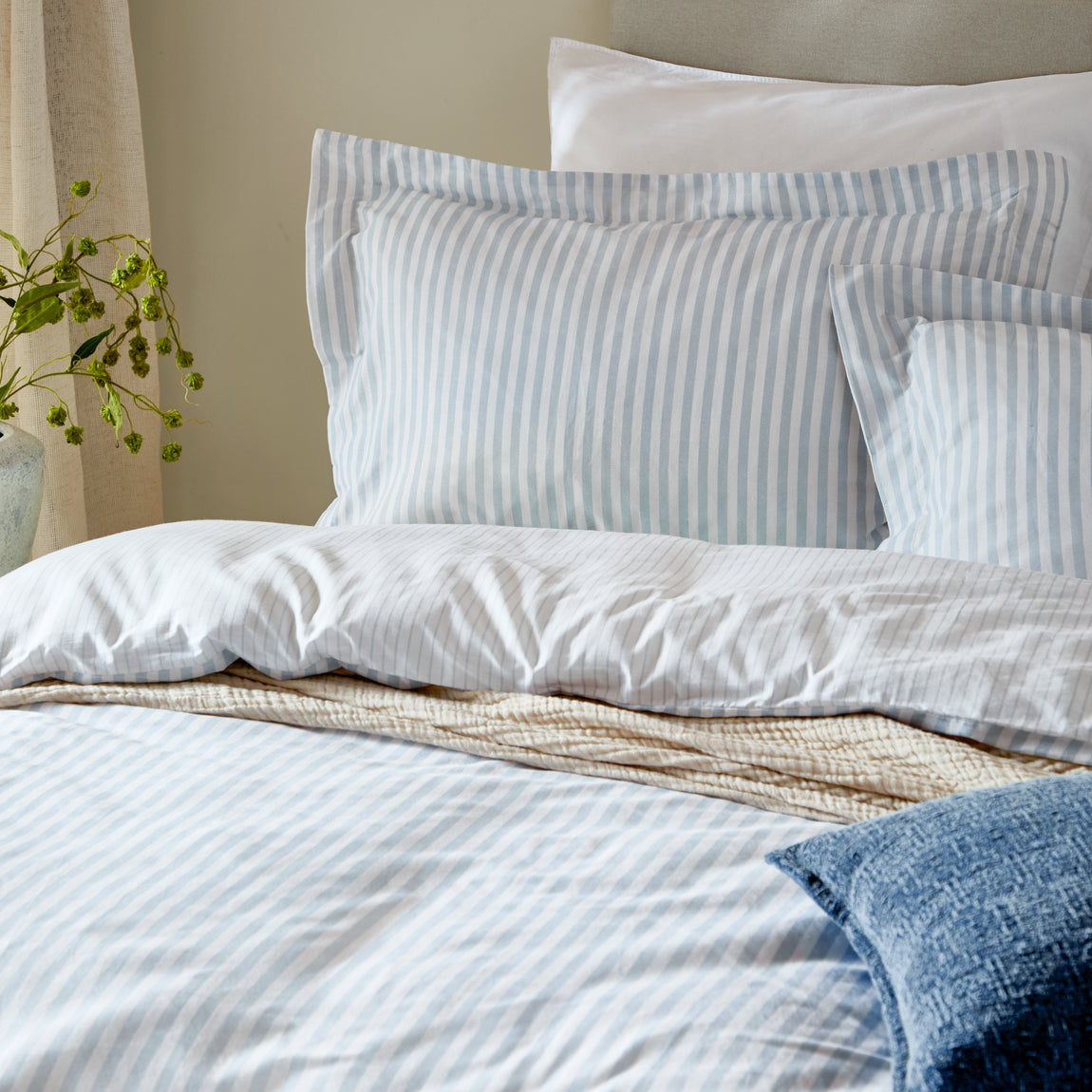 Hebden Melange Stripe Cotton Duvet Cover Bedding Set Mineral Blue