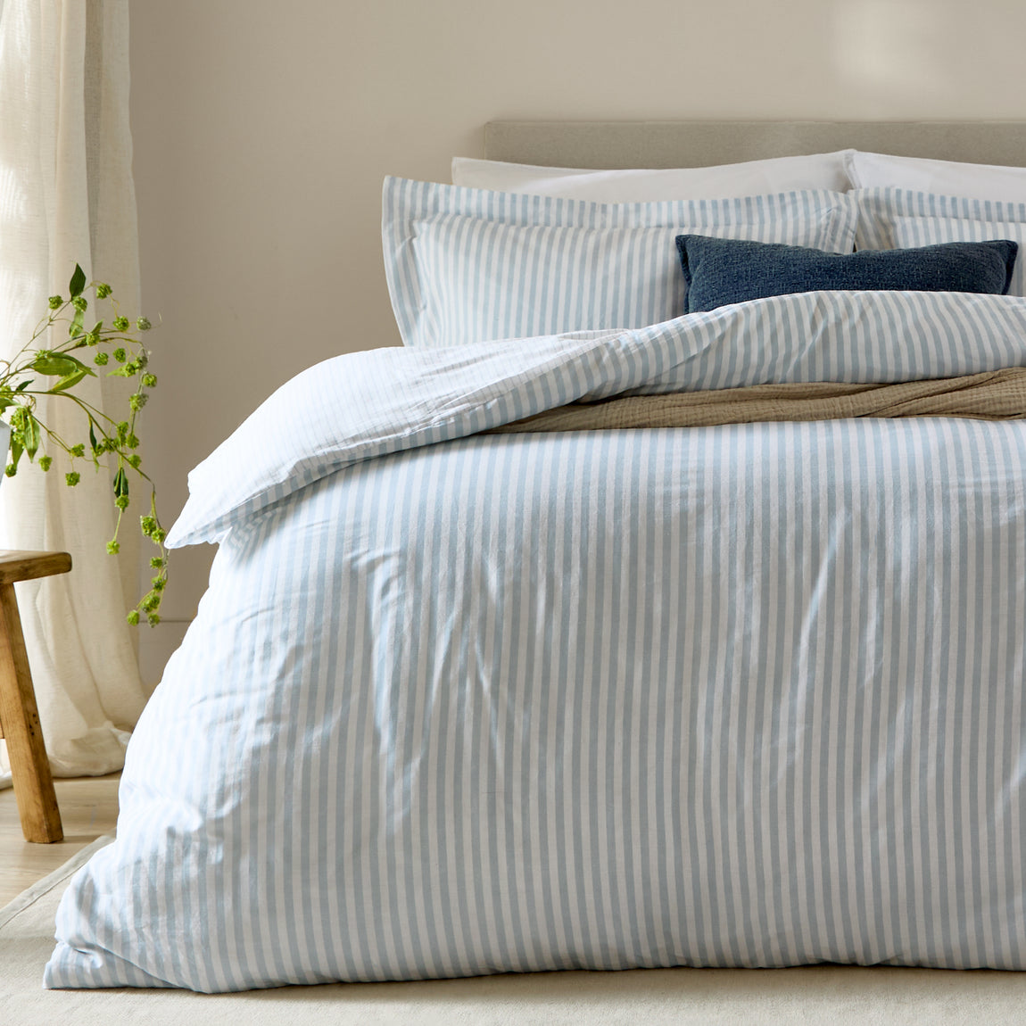 Hebden Melange Stripe Cotton Duvet Cover Bedding Set Mineral Blue