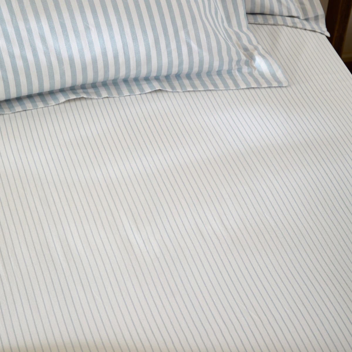 Hebden Cotton Narrow Stripe Bed Linen Fitted Sheet Mineral Blue