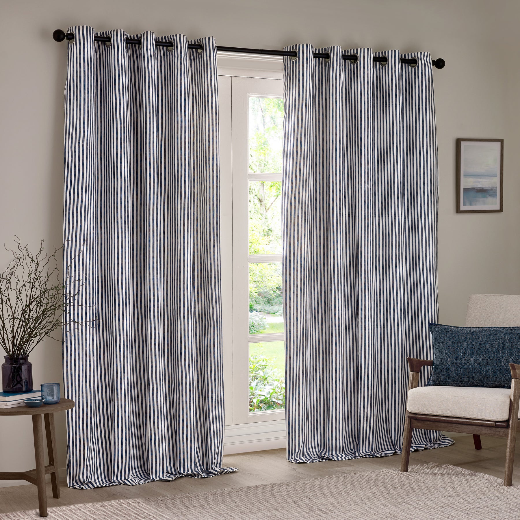 Yard Hebden Striped Cotton Ready Made Eyelet Curtains Navy