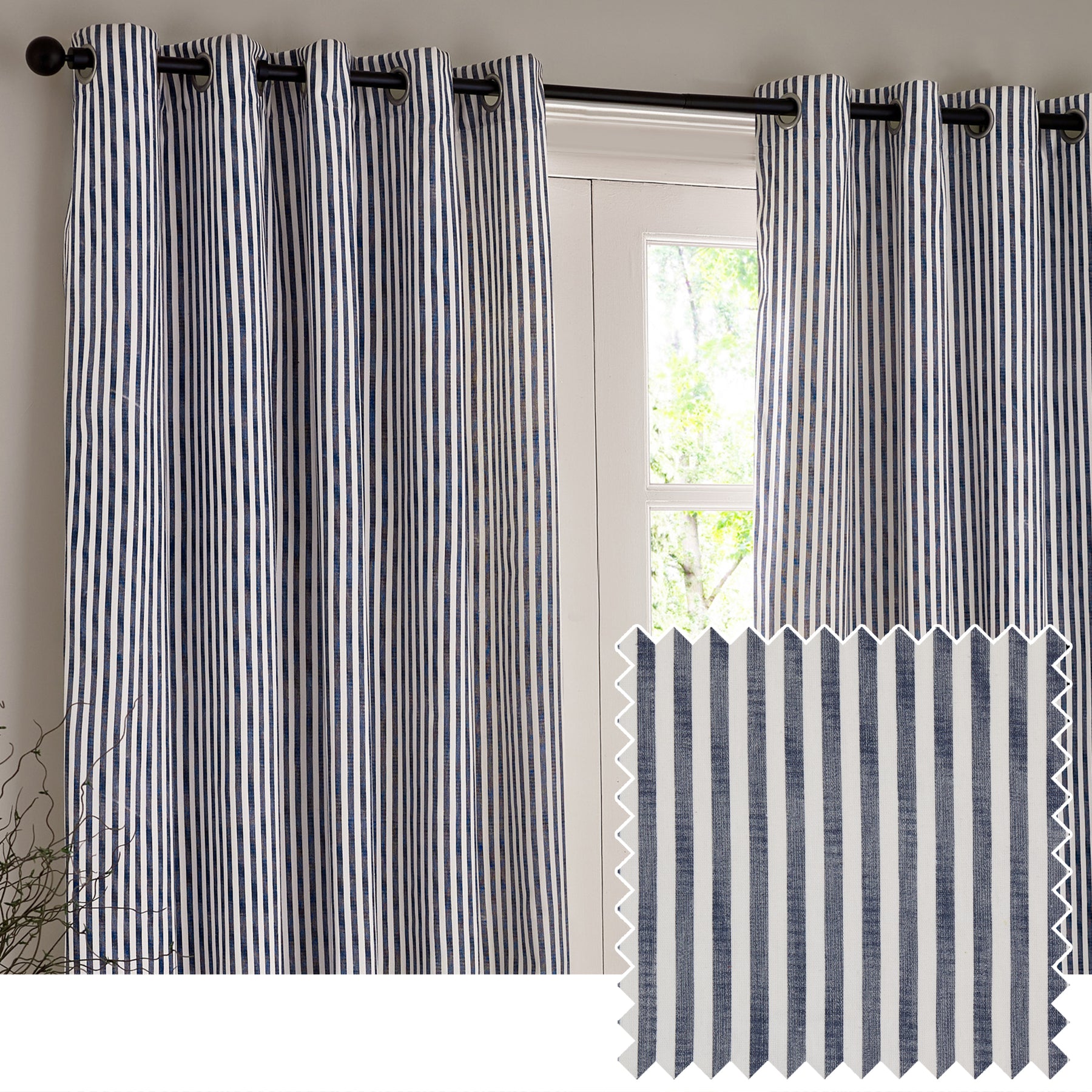 Yard Hebden Striped Cotton Ready Made Eyelet Curtains Navy