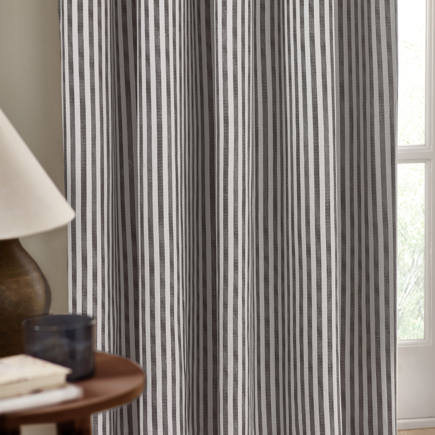 Yard Hebden Striped Cotton Ready Made Eyelet Curtains Grey