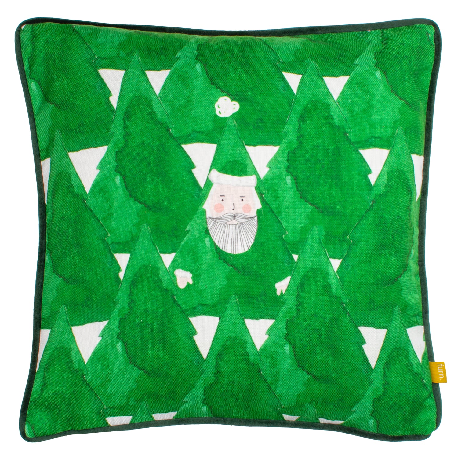 Hide And Seek Santa Printed Piped Velvet Filled Cushion 43cm x 43cm Green