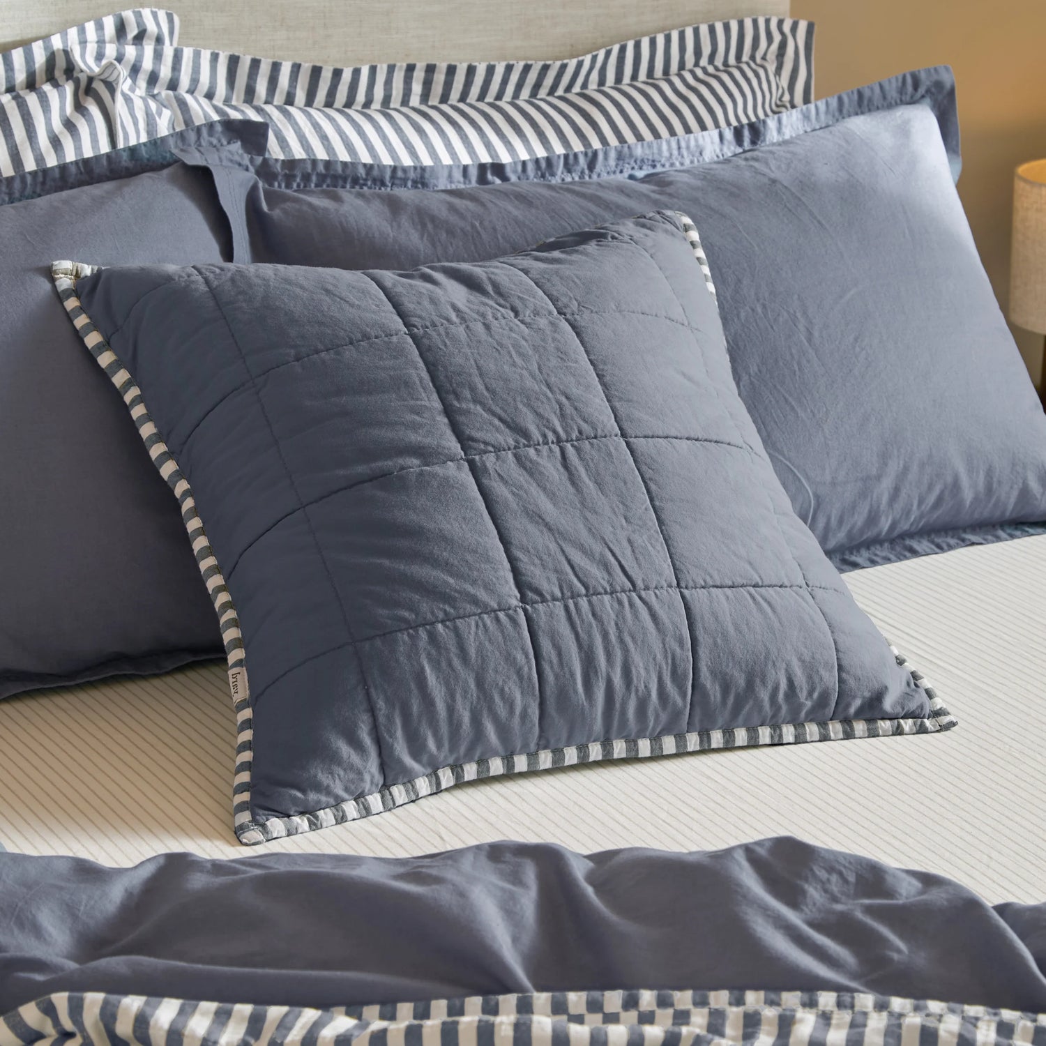 Yard Hebden Stripe Cotton 55cm x 55cm Filled Cushion Navy Denim Blue