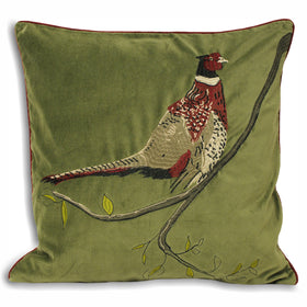 Hunter Velvet Pheasant Filled Cushion 45cm x 45cm Green