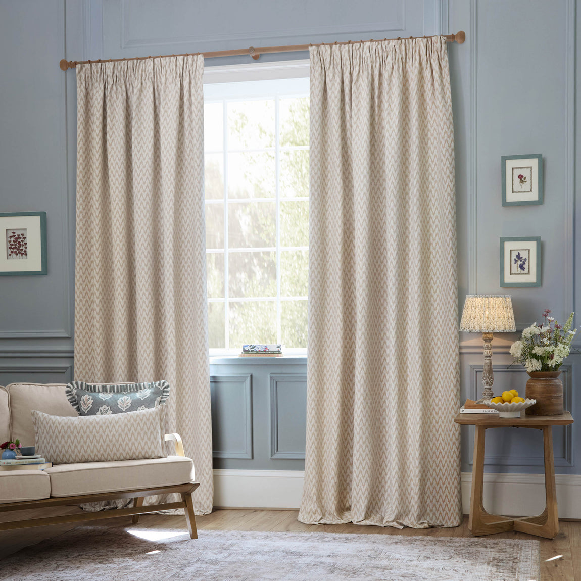 Sanderson Hutton Jacquard Ready Made Pencil Pleat Curtains Linen