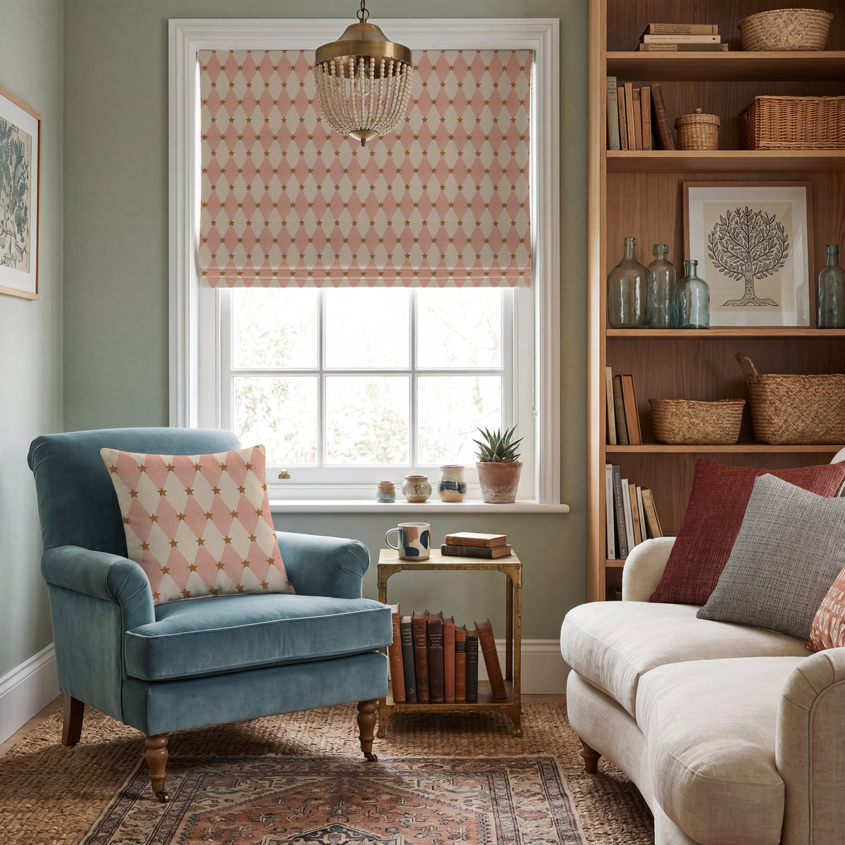 Carrie Neely Star And Harlequin Made To Measure Roman Blind Blush Pink