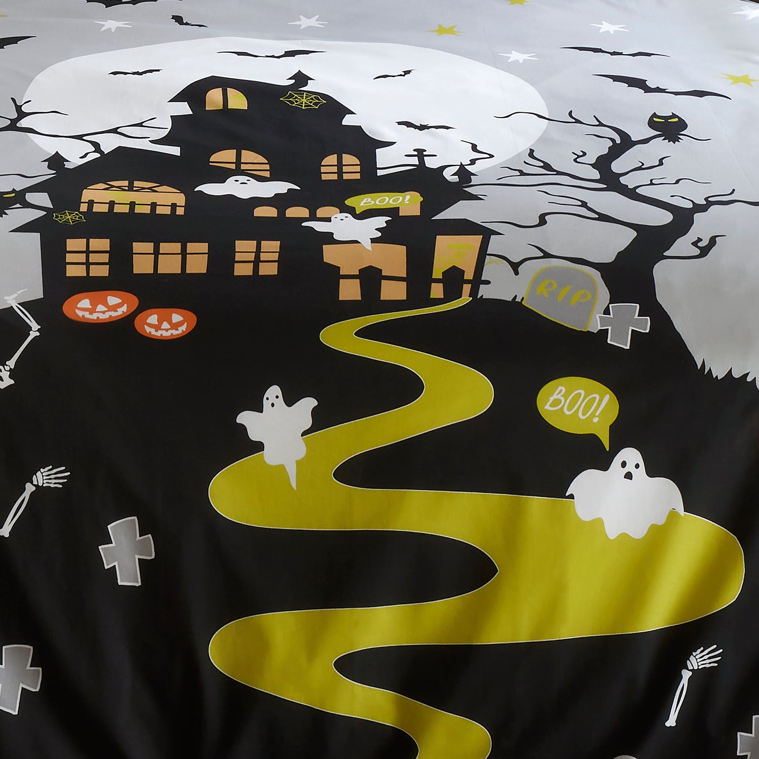 Halloween Haunted House Duvet Cover Bedding Set Grey