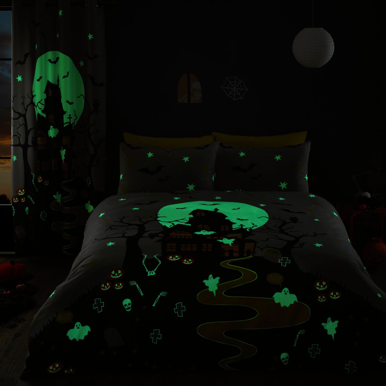 Halloween Haunted House Duvet Cover Bedding Set Grey