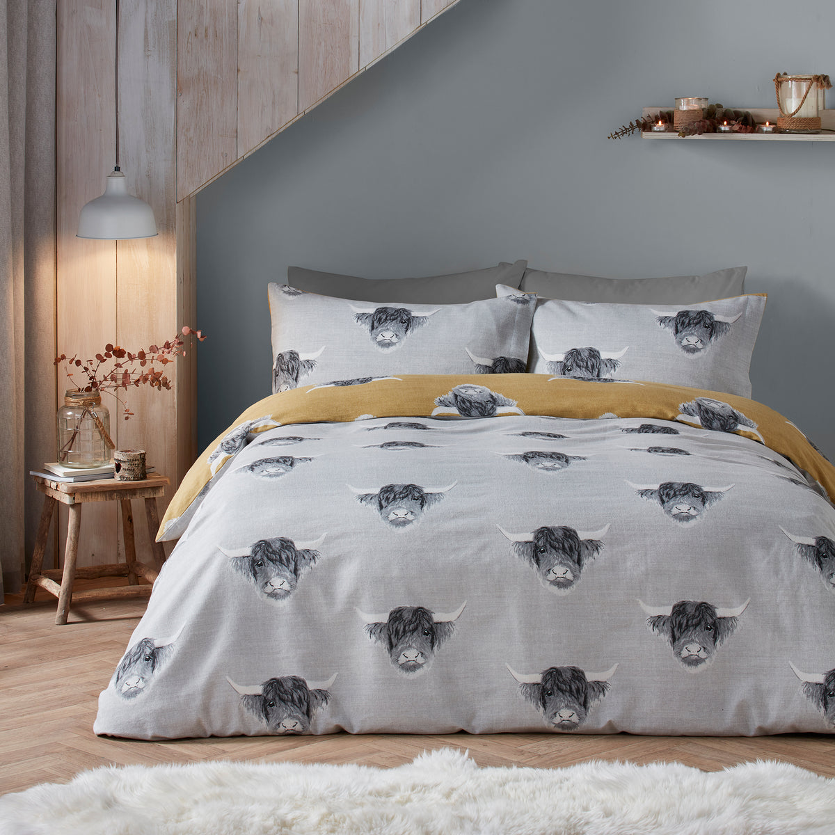 Fusion Snug Highland Cow Duvet Cover Bedding Set Ochre