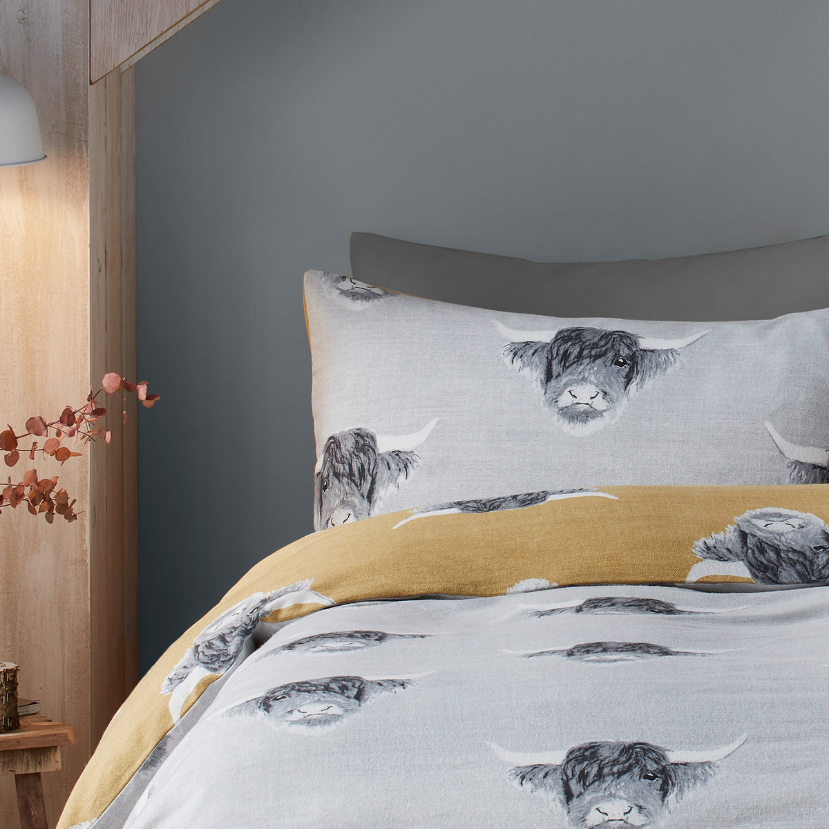 Fusion Snug Highland Cow Duvet Cover Bedding Set Ochre