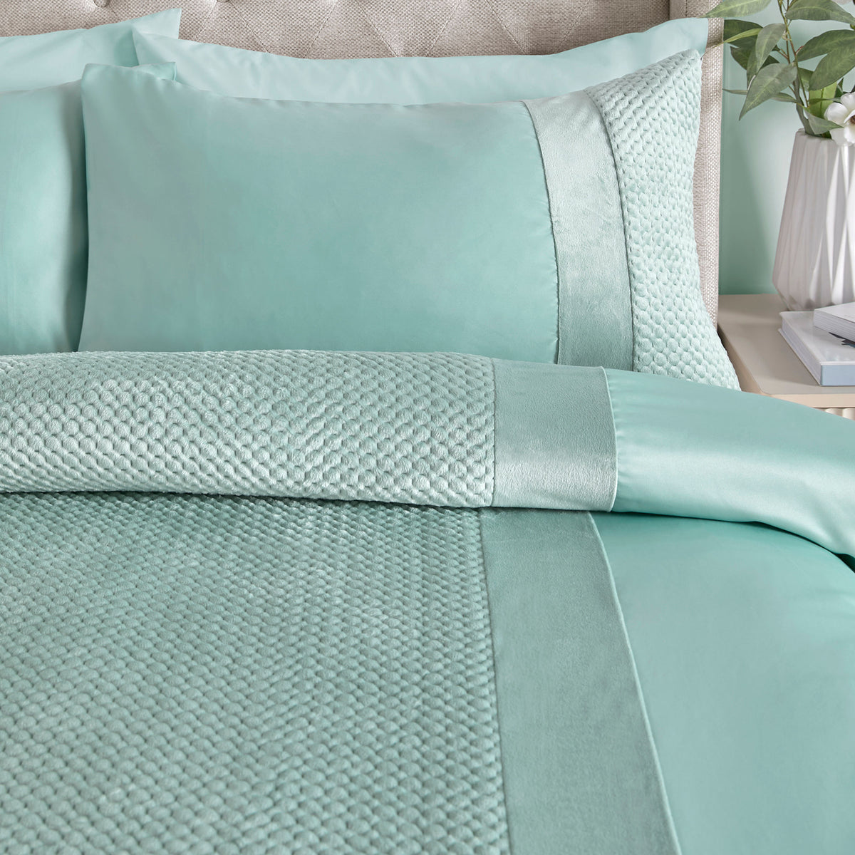 Soiree Iras Textured Pinsonic Duvet Cover Bedding Set Duck Egg