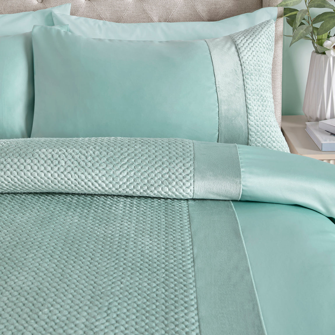 Soiree Iras Textured Pinsonic Duvet Cover Bedding Set Duck Egg