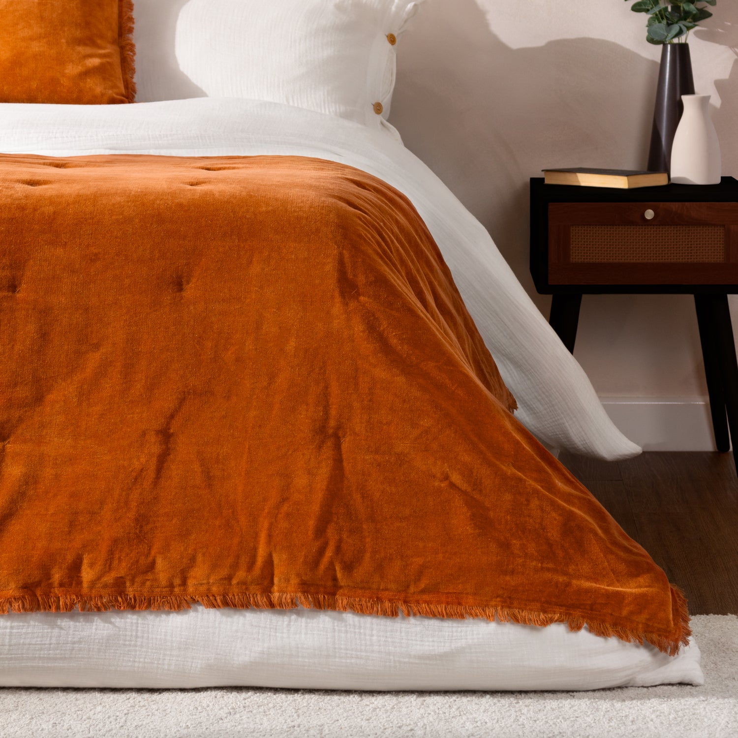 Jaye Cotton Velvet 140cm x 220cm Bedspread Rust