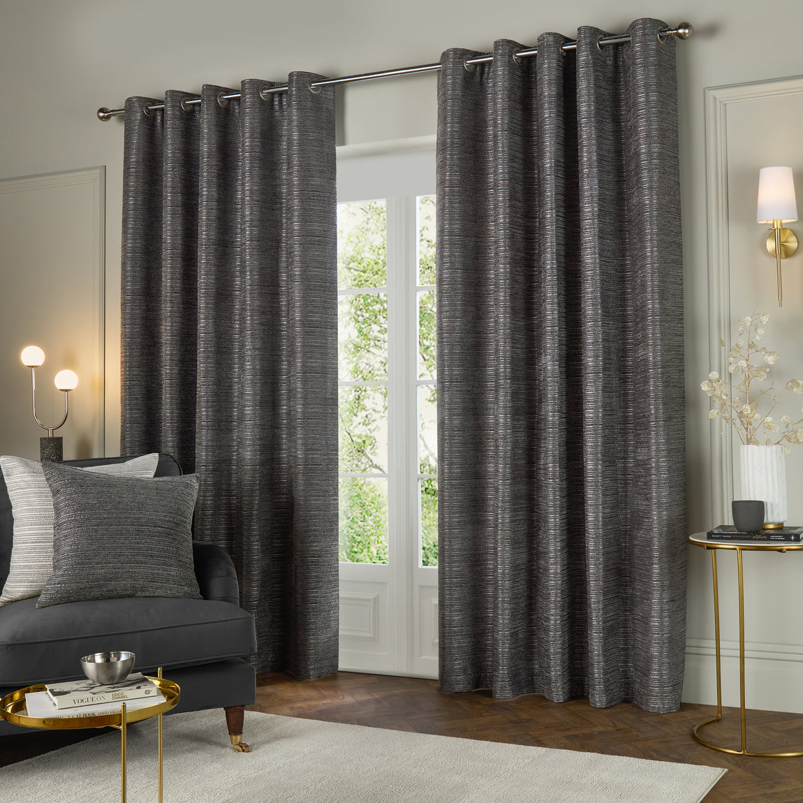 Paoletti Jupiter Chenille Jacquard Ready Made Eyelet Blockout Curtains Graphite