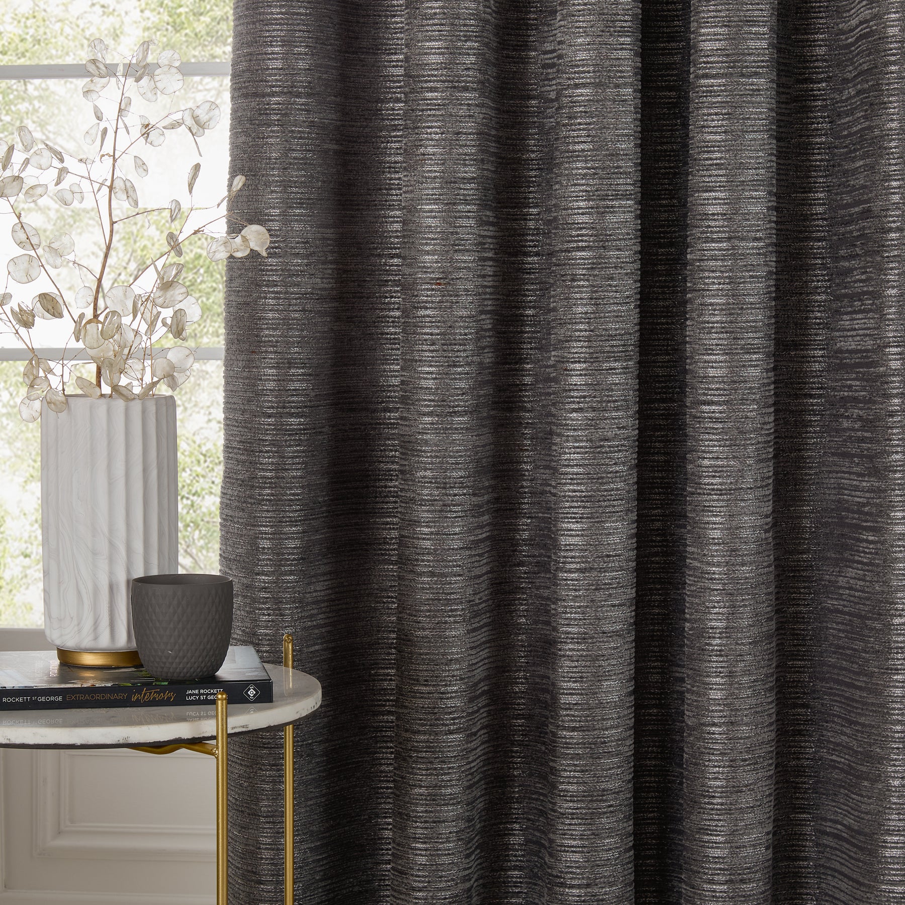 Paoletti Jupiter Chenille Jacquard Ready Made Eyelet Blockout Curtains Graphite