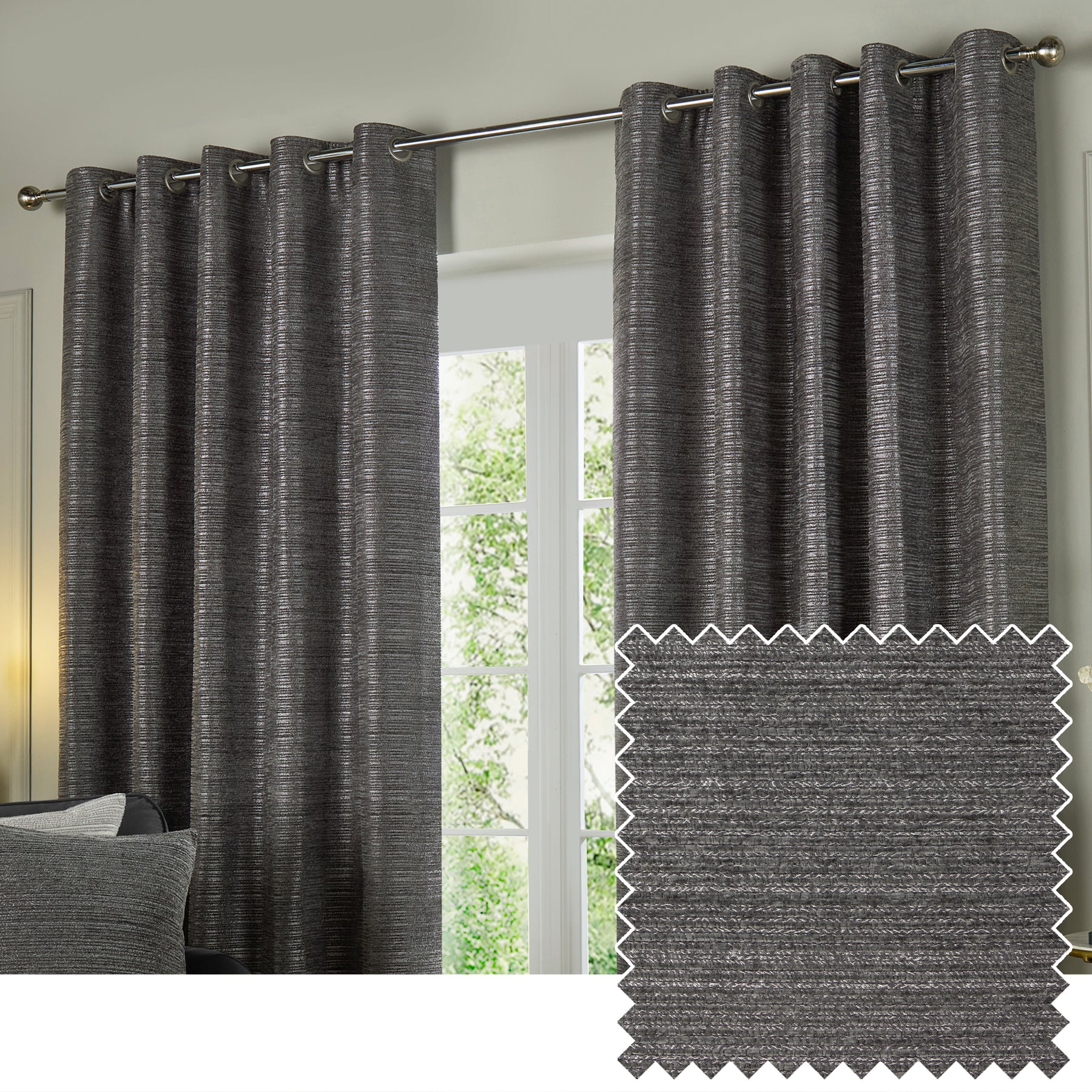 Paoletti Jupiter Chenille Jacquard Ready Made Eyelet Blockout Curtains Graphite