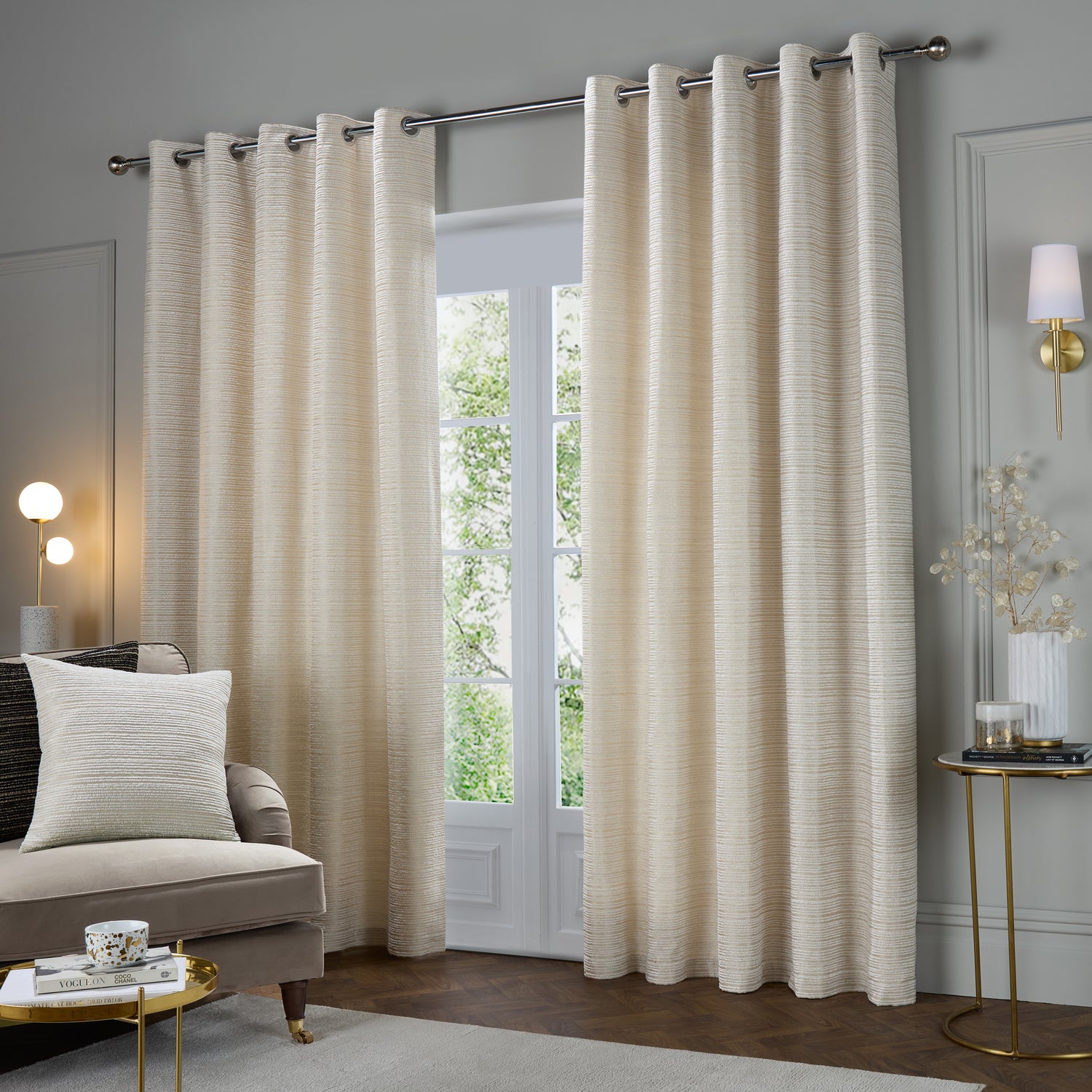 Paoletti Jupiter Chenille Jacquard Ready Made Eyelet Blockout Curtains Ivory Gold