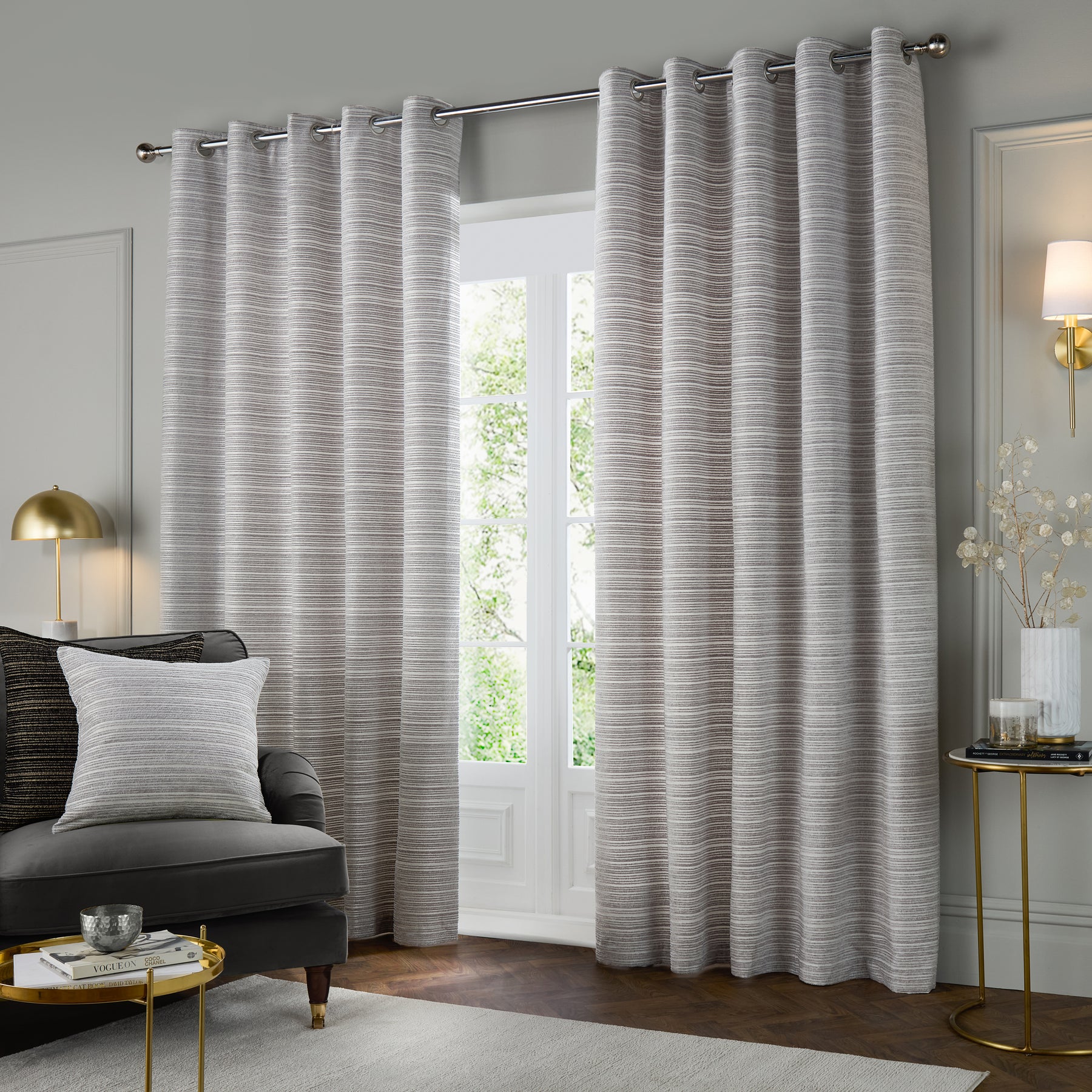 Paoletti Jupiter Chenille Jacquard Ready Made Eyelet Blockout Curtains Silver