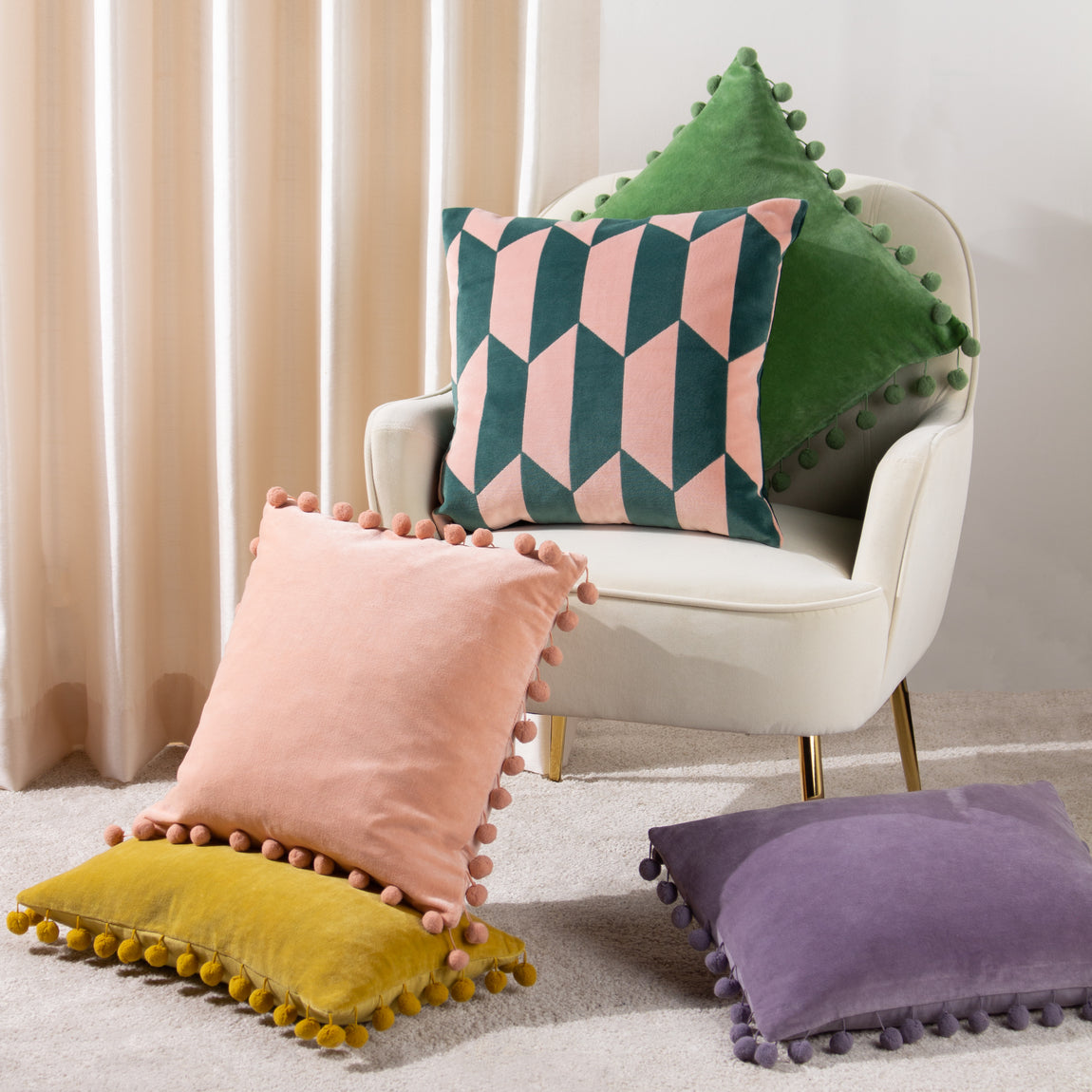 Furn. Kalho Velvet Jacquard 45cm x 45cm Filled Cushion Pink Green