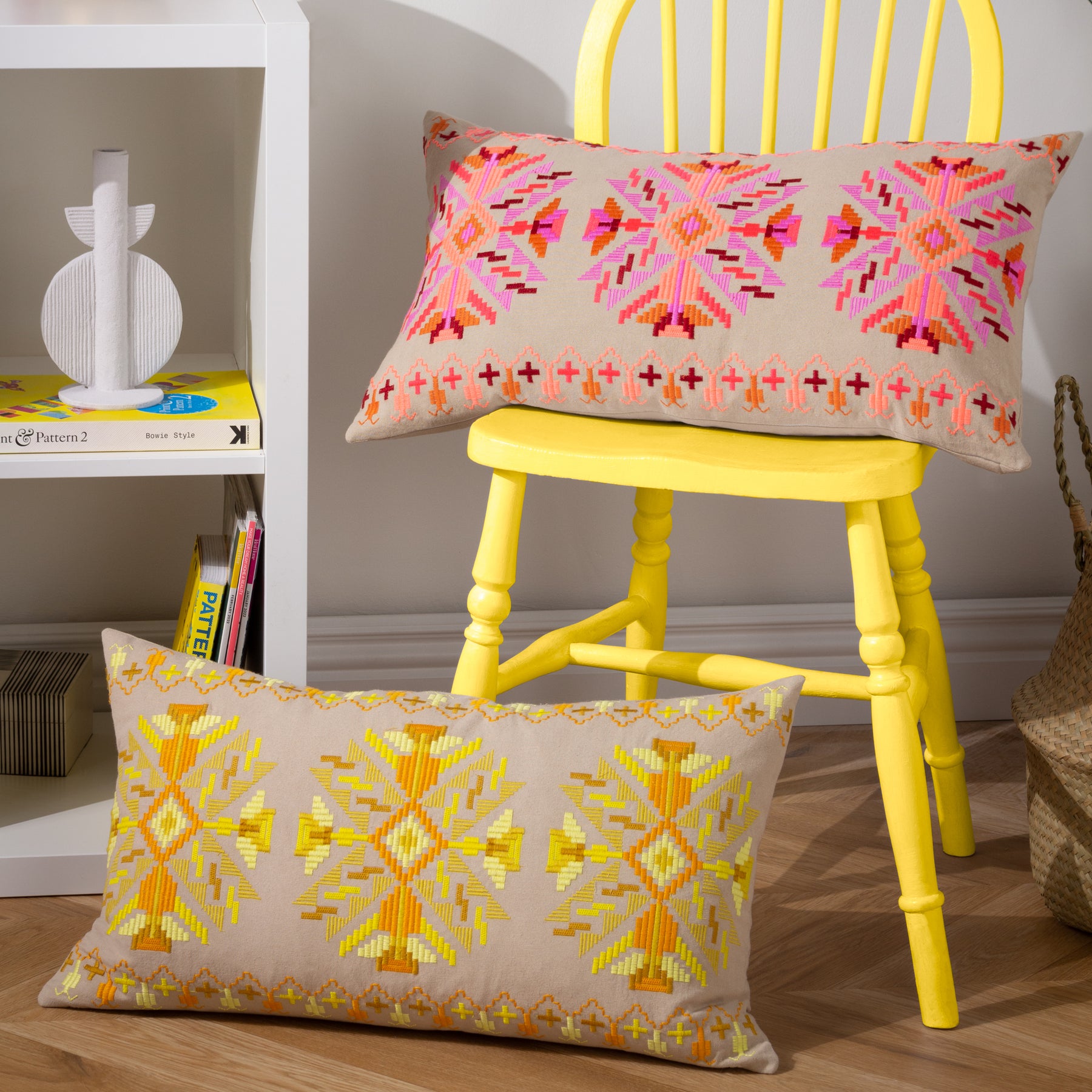 furn. Kalina Embroidered Cotton 35cm x 60cm Filled Boudoir Cushion Yellow