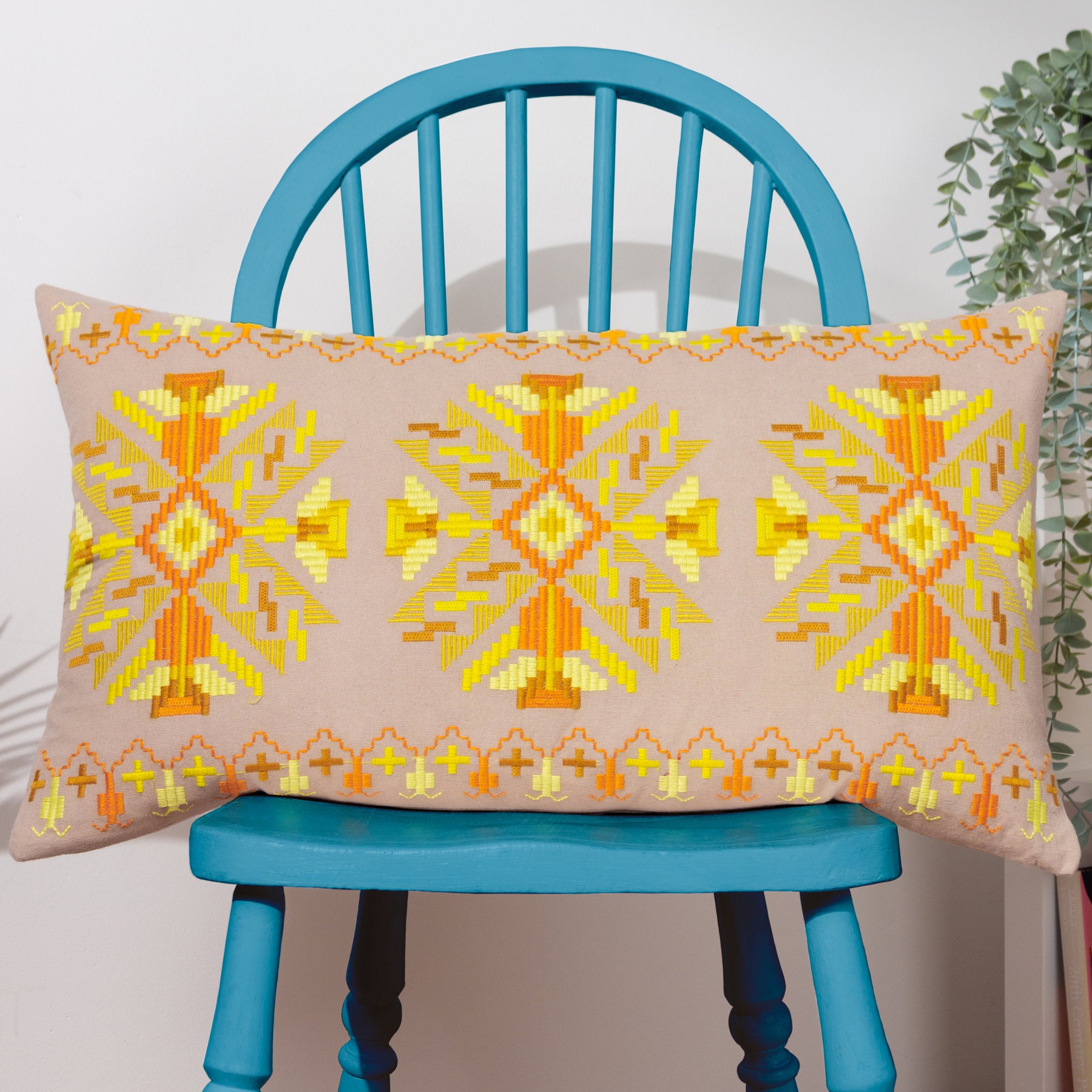 furn. Kalina Embroidered Cotton 35cm x 60cm Filled Boudoir Cushion Yellow