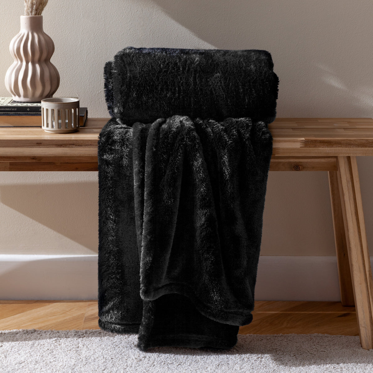 Kallu Double-Sided Faux-Fur 130cm x 180cm Throw Black
