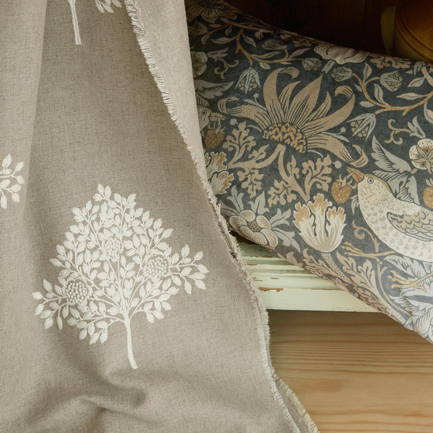 William Morris At Home Marigold Tree Embroidered Fabric Linen